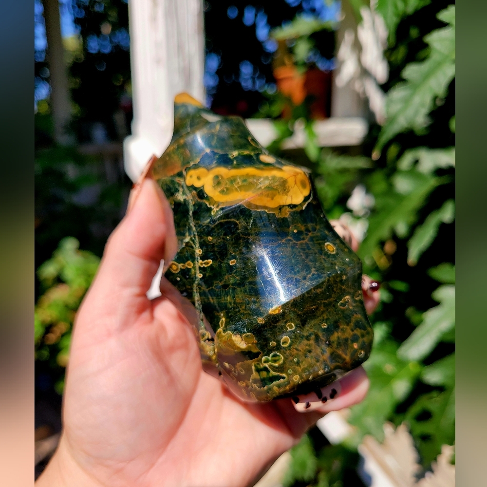 Polished Green and Yellow Ocean Jasper Flame